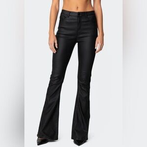 Edikted Luna Faux Leather Flare Jeans in Black - Size Small